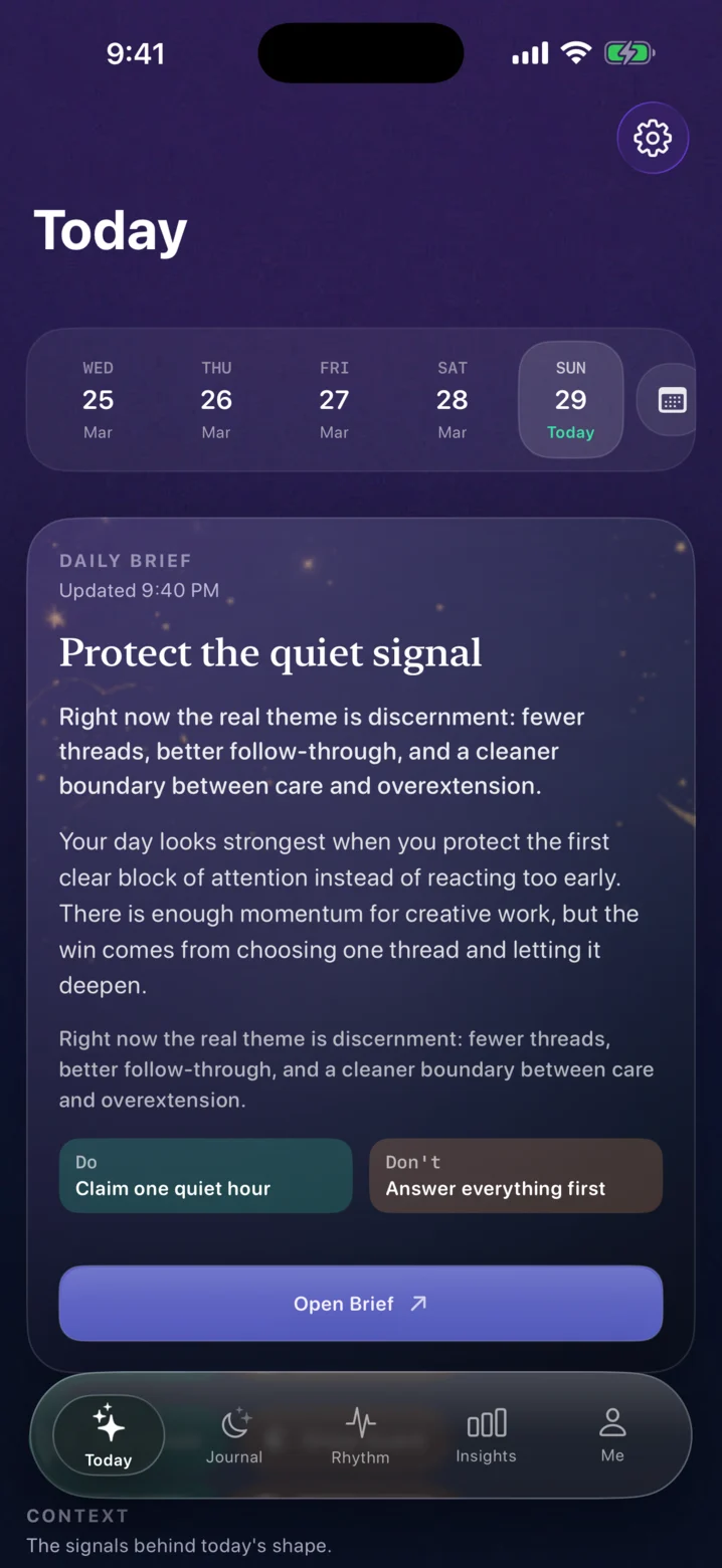 Aftercurrent Today screen.